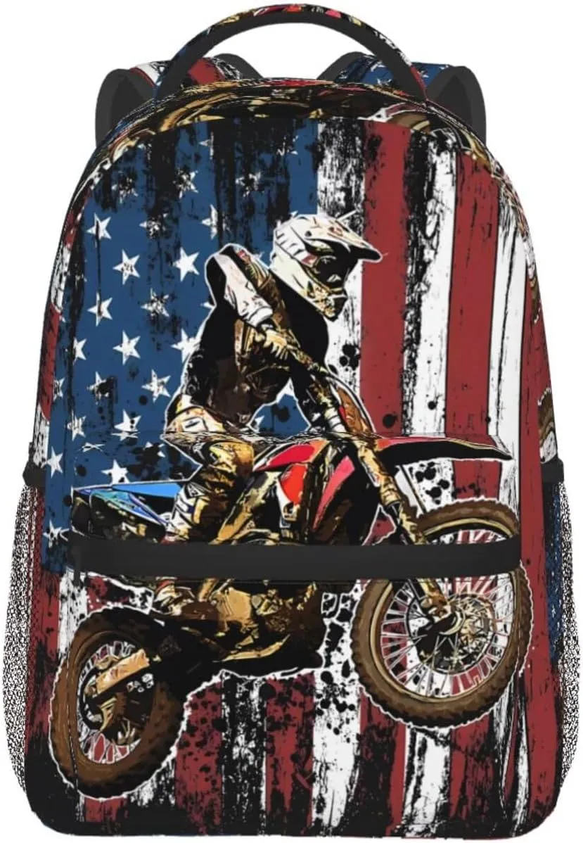 Dirt Bike Racing Motocross Race American Flag Casual Backpacks Sport Backpack Travel Rucksack Canvas Daypack Workout Bags with Pockets for Gym Working Hiking