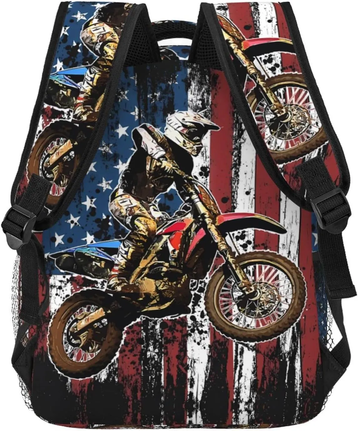 Dirt Bike Racing Motocross Race American Flag Casual Backpacks Sport Backpack Travel Rucksack Canvas Daypack Workout Bags with Pockets for Gym Working Hiking