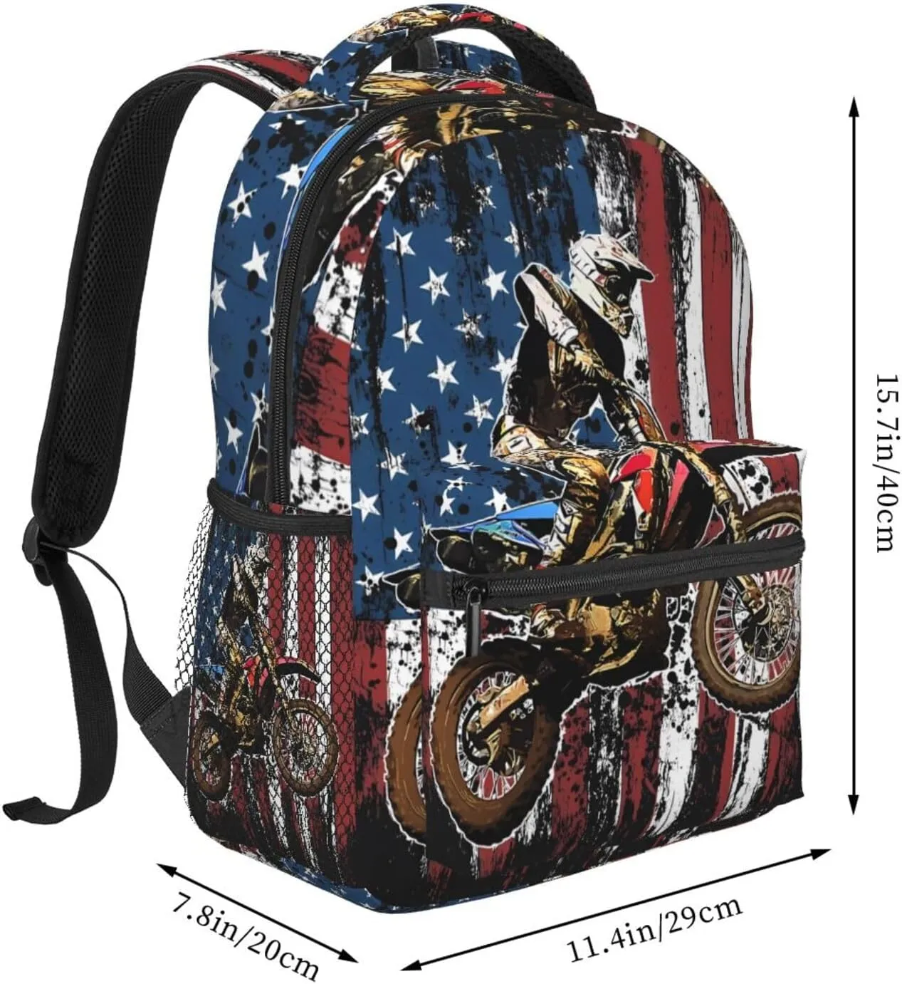 Dirt Bike Racing Motocross Race American Flag Casual Backpacks Sport Backpack Travel Rucksack Canvas Daypack Workout Bags with Pockets for Gym Working Hiking