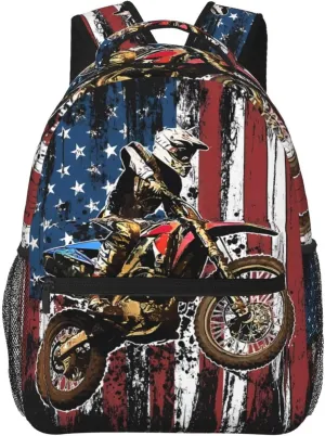 Dirt Bike Racing Motocross Race American Flag Casual Backpacks Sport Backpack Travel Rucksack Canvas Daypack Workout Bags with Pockets for Gym Working Hiking