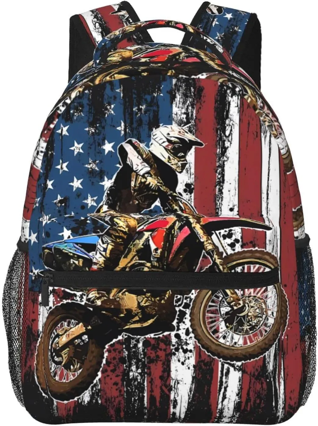 Dirt Bike Racing Motocross Race American Flag Casual Backpacks Sport Backpack Travel Rucksack Canvas Daypack Workout Bags with Pockets for Gym Working Hiking