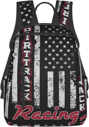 Dirt Track Racing American Flag Casual Backpacks Laptop Backpack Outdoor Travel Rucksack Sport Carry-On Daypack Lightweight Bag with Multi-Pockets