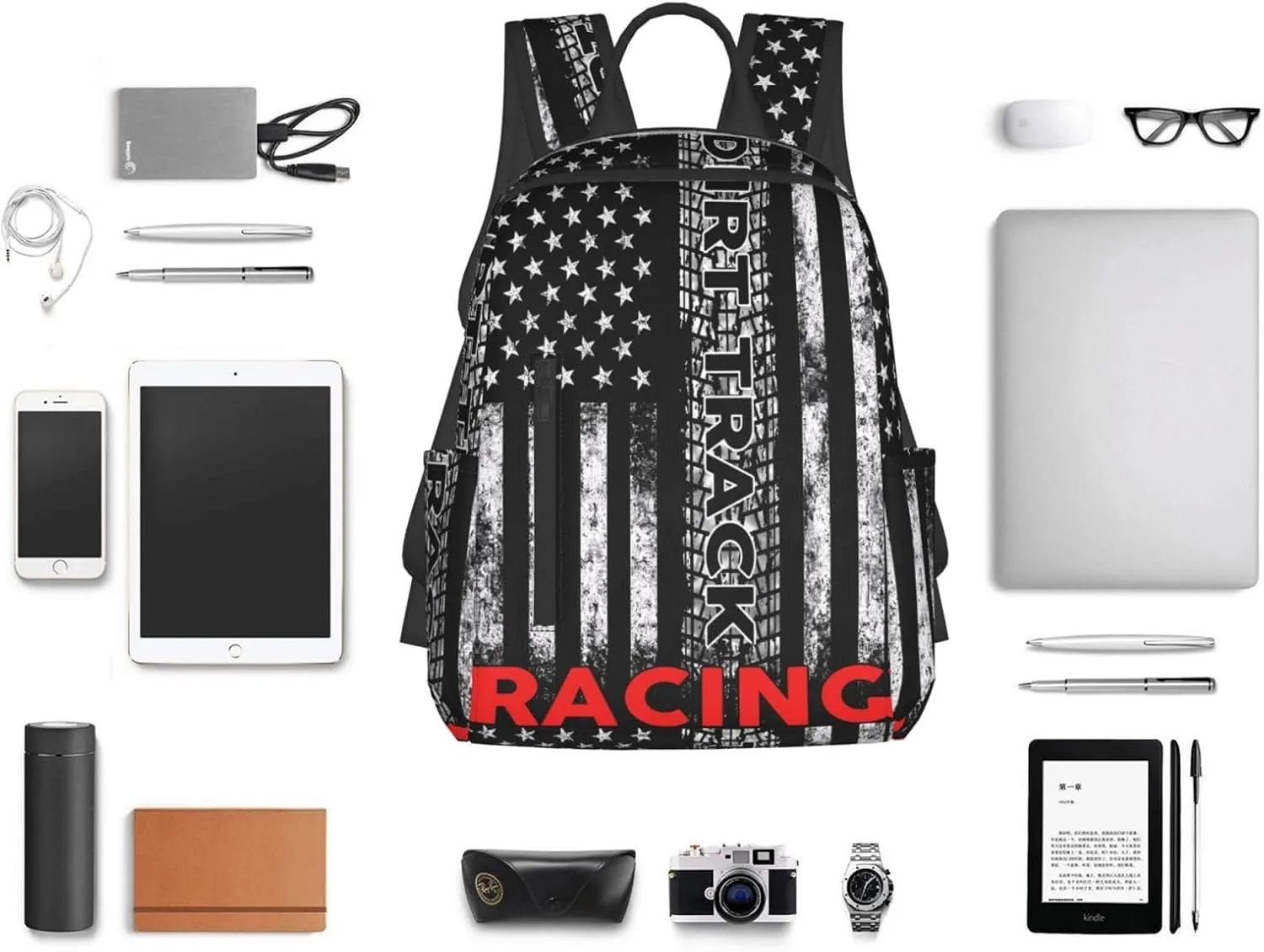 Dirt Track Racing American Flag Casual Backpacks Laptop Backpack Outdoor Travel Rucksack Sport Carry-On Daypack Lightweight Bag with Multi-Pockets