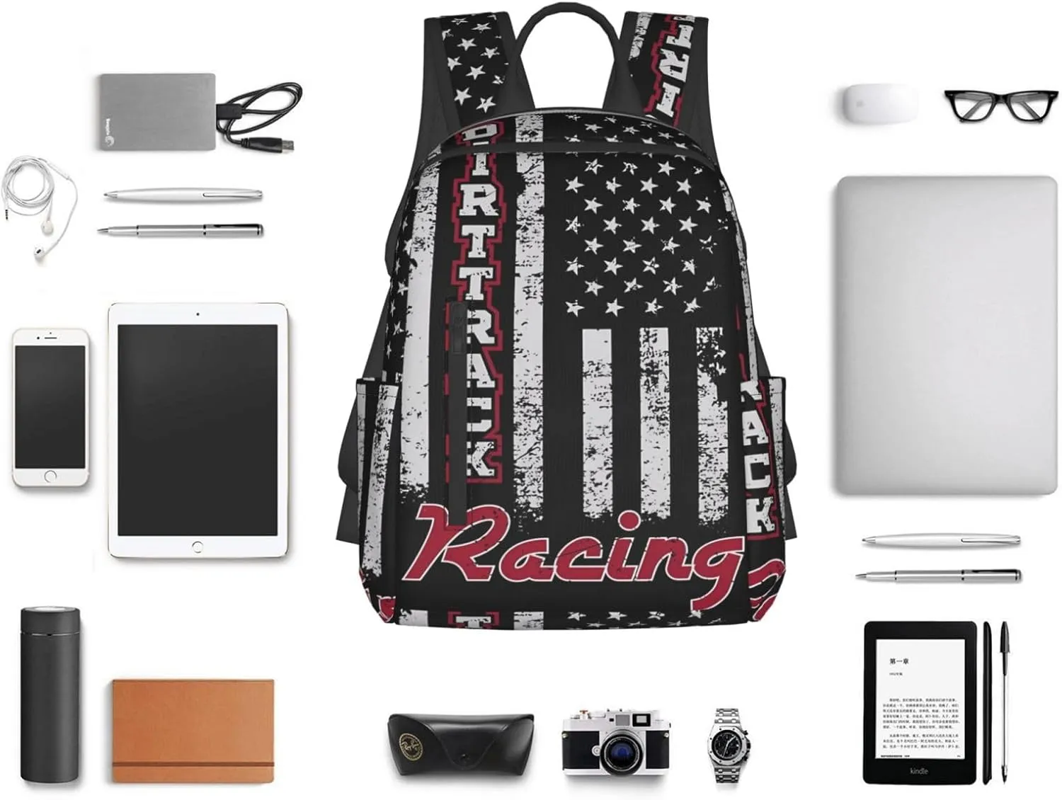 Dirt Track Racing American Flag Casual Backpacks Laptop Backpack Outdoor Travel Rucksack Sport Carry-On Daypack Lightweight Bag with Multi-Pockets