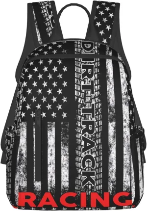 Dirt Track Racing American Flag Casual Backpacks Laptop Backpack Outdoor Travel Rucksack Sport Carry-On Daypack Lightweight Bag with Multi-Pockets