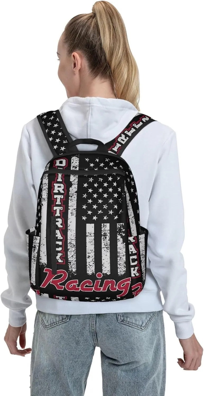 Dirt Track Racing American Flag Casual Backpacks Laptop Backpack Outdoor Travel Rucksack Sport Carry-On Daypack Lightweight Bag with Multi-Pockets