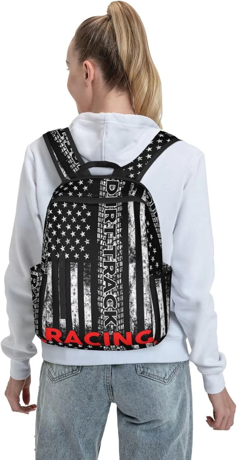 Dirt Track Racing American Flag Casual Backpacks Laptop Backpack Outdoor Travel Rucksack Sport Carry-On Daypack Lightweight Bag with Multi-Pockets