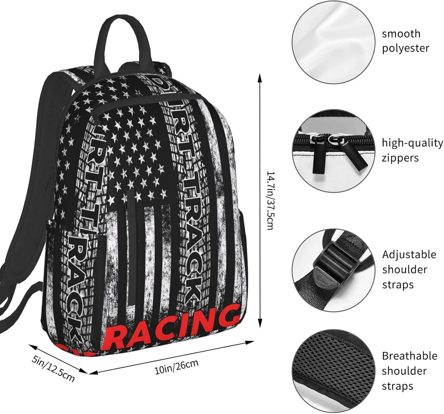 Dirt Track Racing American Flag Casual Backpacks Laptop Backpack Outdoor Travel Rucksack Sport Carry-On Daypack Lightweight Bag with Multi-Pockets