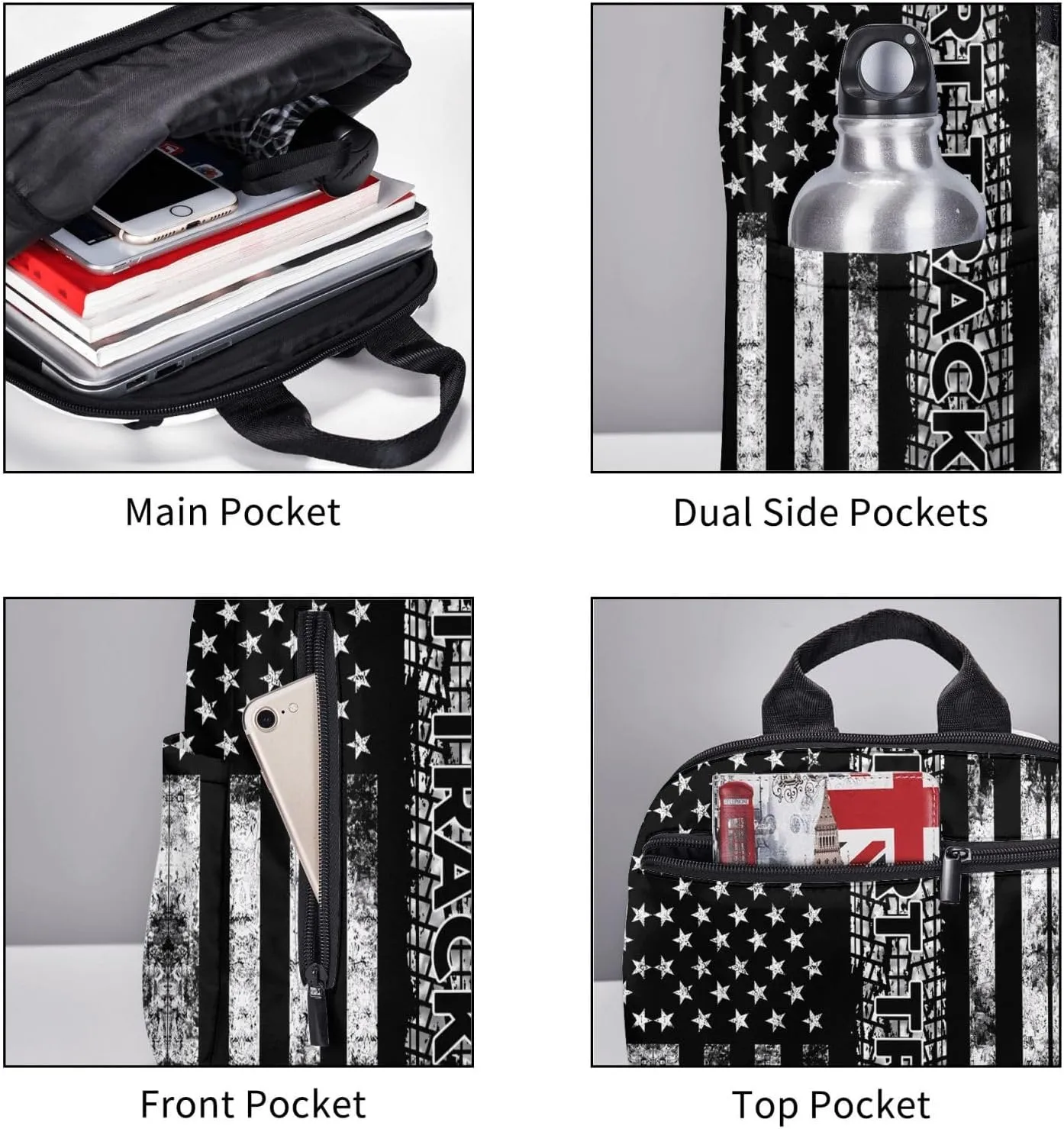 Dirt Track Racing American Flag Casual Backpacks Laptop Backpack Outdoor Travel Rucksack Sport Carry-On Daypack Lightweight Bag with Multi-Pockets