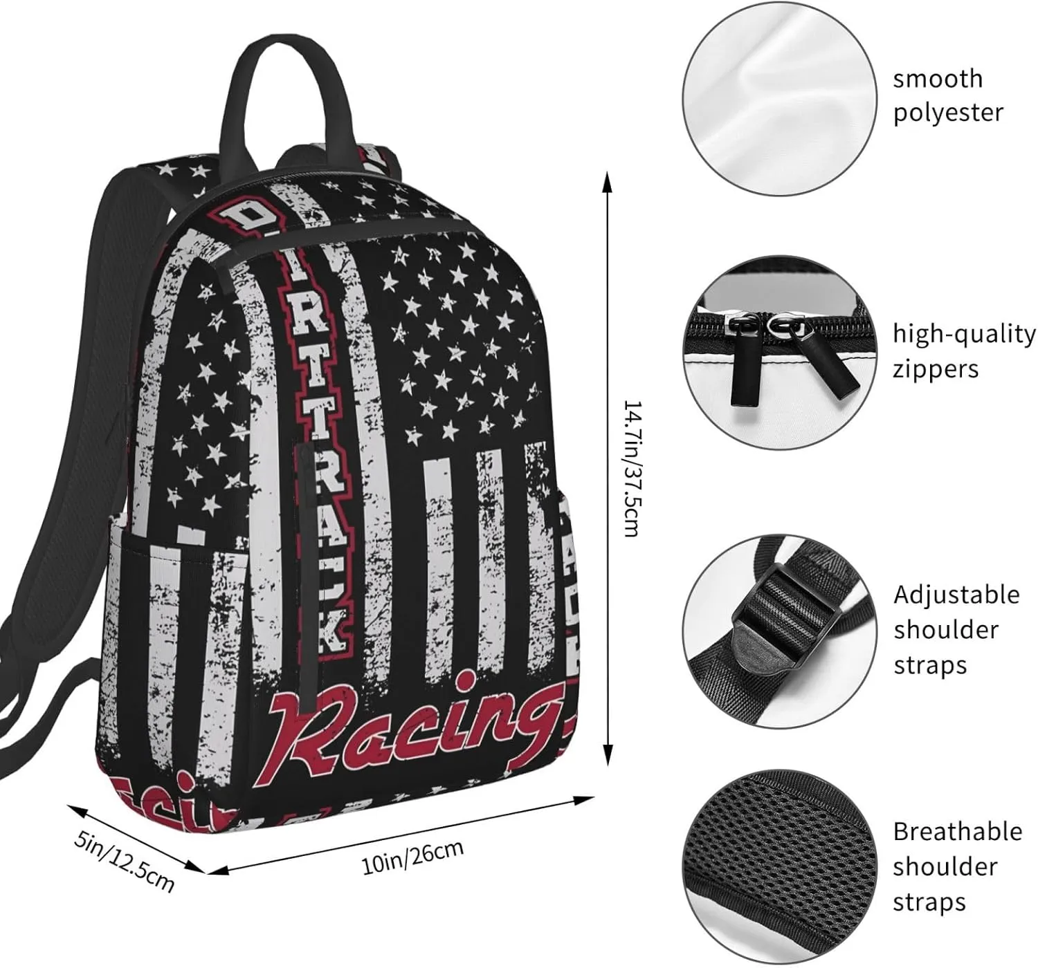 Dirt Track Racing American Flag Casual Backpacks Laptop Backpack Outdoor Travel Rucksack Sport Carry-On Daypack Lightweight Bag with Multi-Pockets