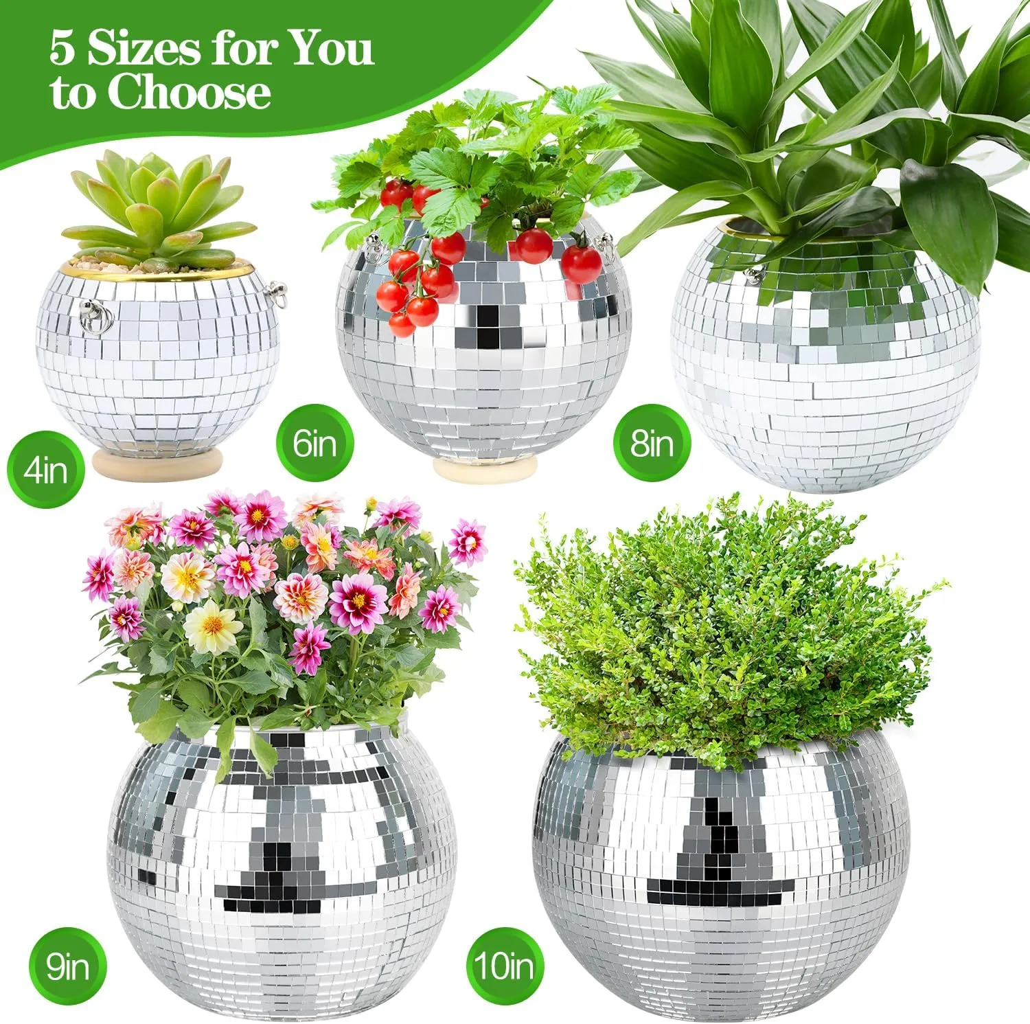 Disco Ball Planter, 8" Silver Disco Ball Planter, Disco Ball Plant Hanger with Hanging Rope, Hanging Chain, Hook, Circle and Extra Mirror Pieces (8" Silver, 1pcs)
