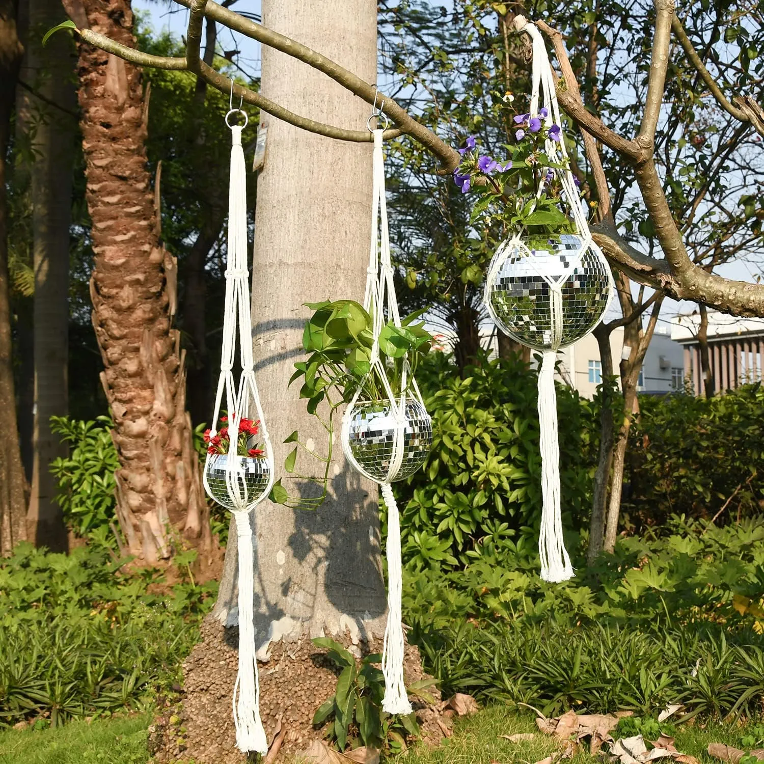 Disco Ball Planter, 8" Silver Disco Ball Planter, Disco Ball Plant Hanger with Hanging Rope, Hanging Chain, Hook, Circle and Extra Mirror Pieces (8" Silver, 1pcs)