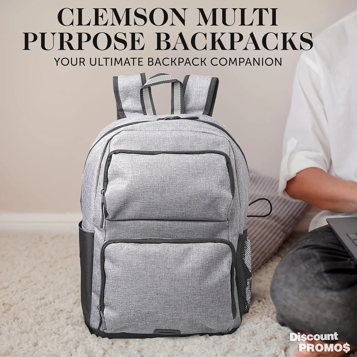 DISCOUNT PROMOS Clemson Multi Purpose Backpacks Set of 6, Bulk Pack - Versatile Use, Durable, Ideal for Academic, Travel, Outdoor - Grey