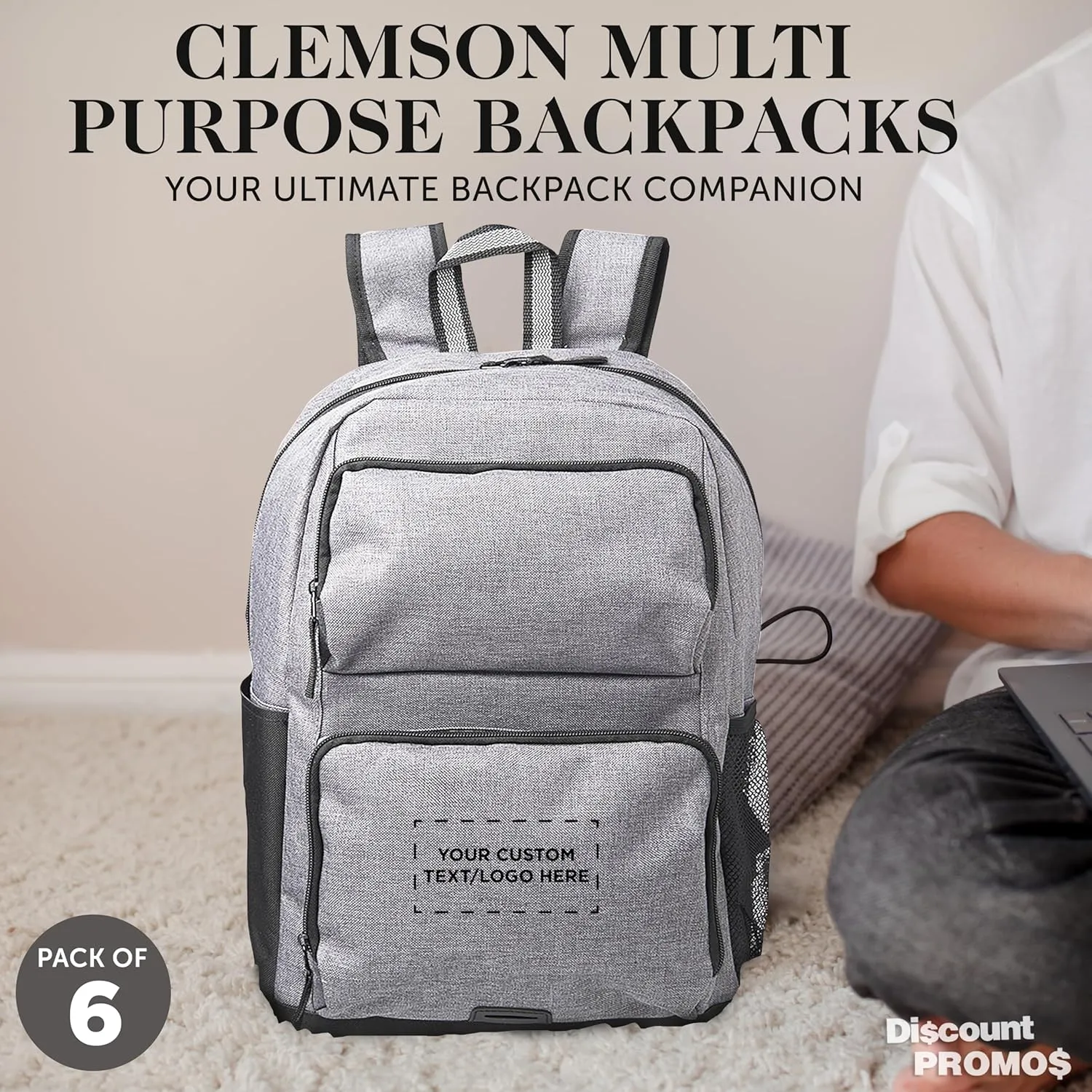 DISCOUNT PROMOS Custom Clemson Multi Purpose Backpacks Set of 6, Personalized Bulk Pack - Versatile Use, Durable, Ideal for Academic, Travel, Outdoor - Grey