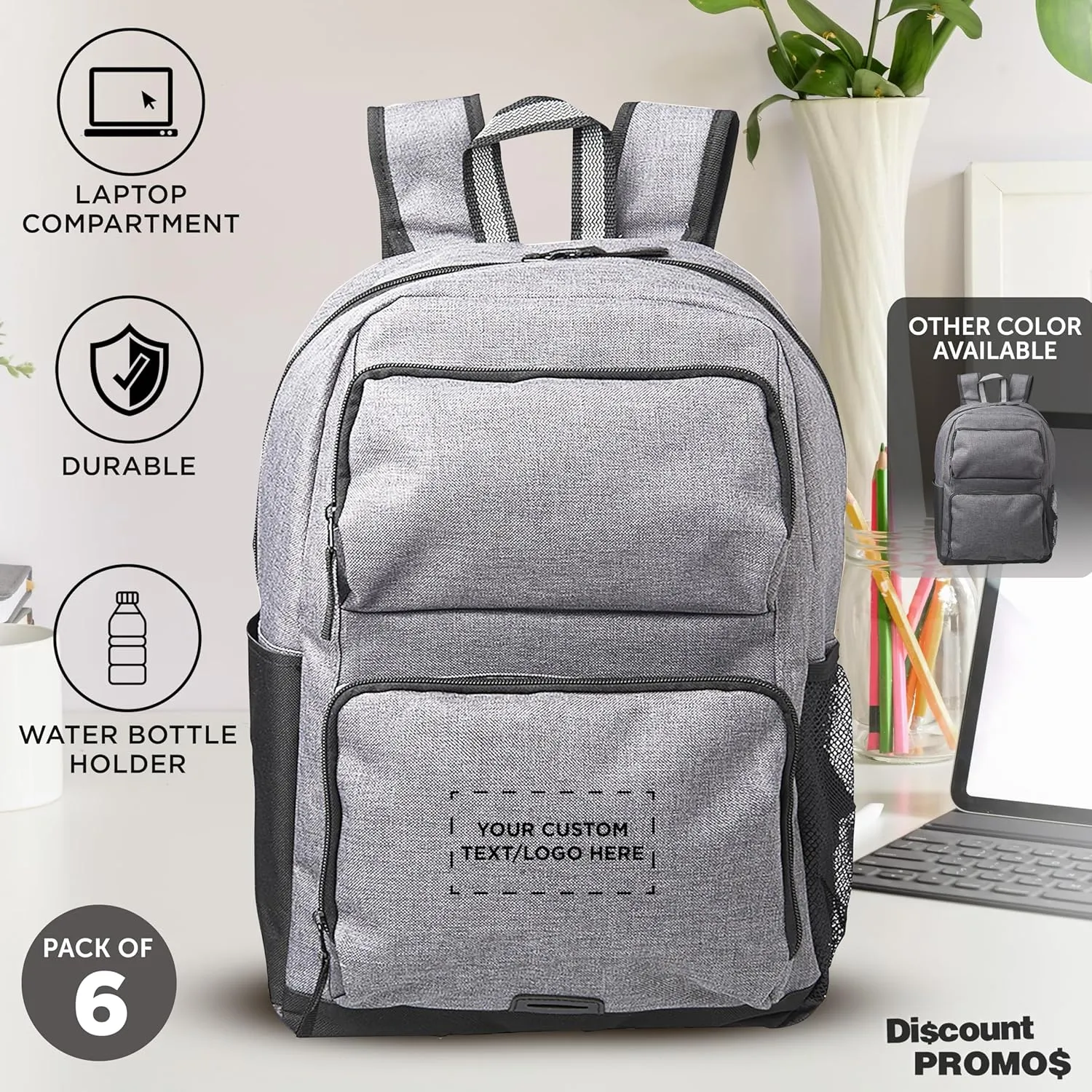 DISCOUNT PROMOS Custom Clemson Multi Purpose Backpacks Set of 6, Personalized Bulk Pack - Versatile Use, Durable, Ideal for Academic, Travel, Outdoor - Grey
