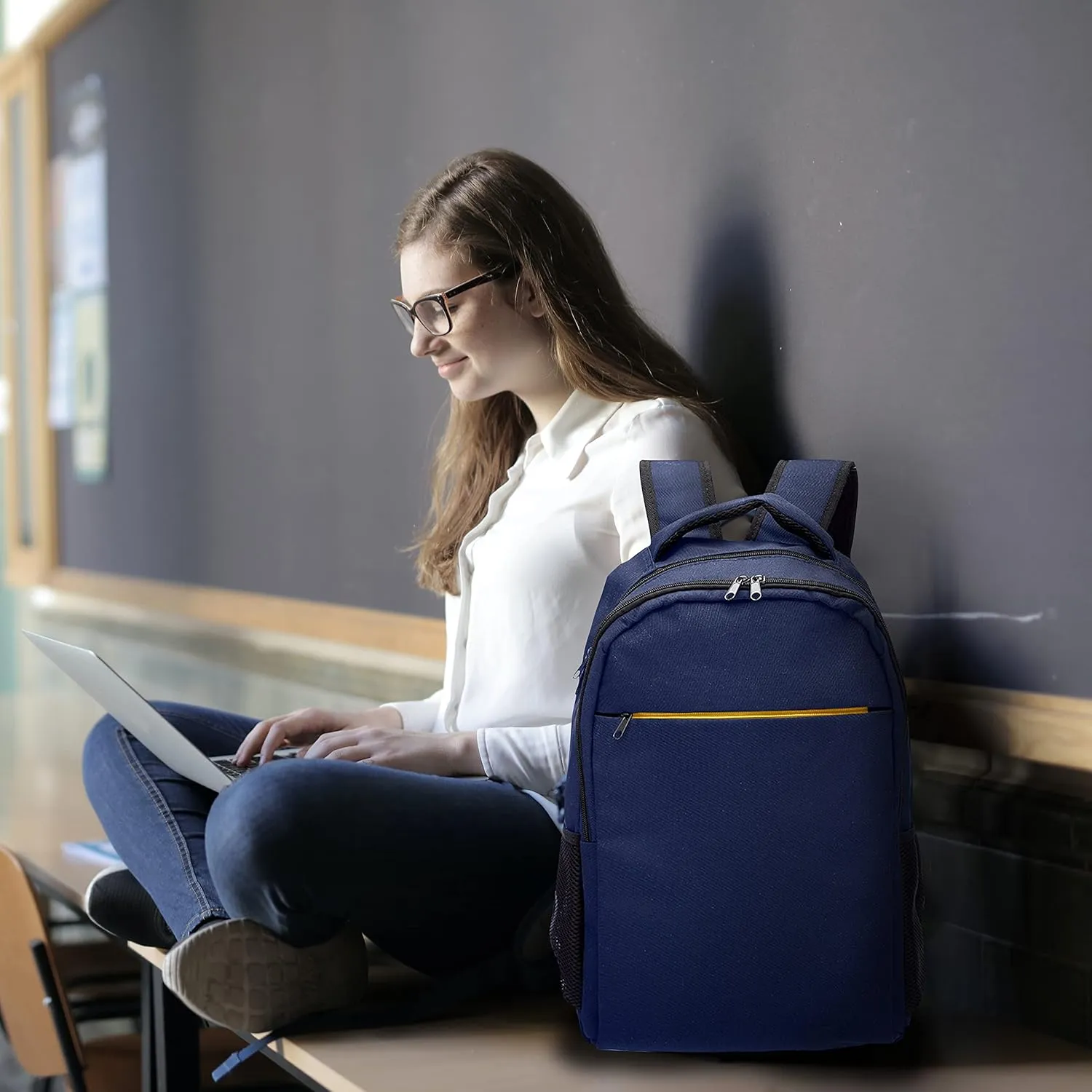 DISCOUNT PROMOS Tempe Backpacks with Laptop Pocket Set of 6, Bulk Pack - Bring Everywhere You Go, Perfect for Travellers, Employees and for Everyday Use - Navy Blue