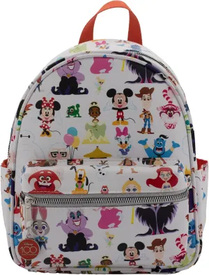 Disney 100 Mini Backpack Purse with Multi Character Allover Print & Molded Metal Logo Charm, 10.5 Inch, Adjustable Straps, Faux Leather