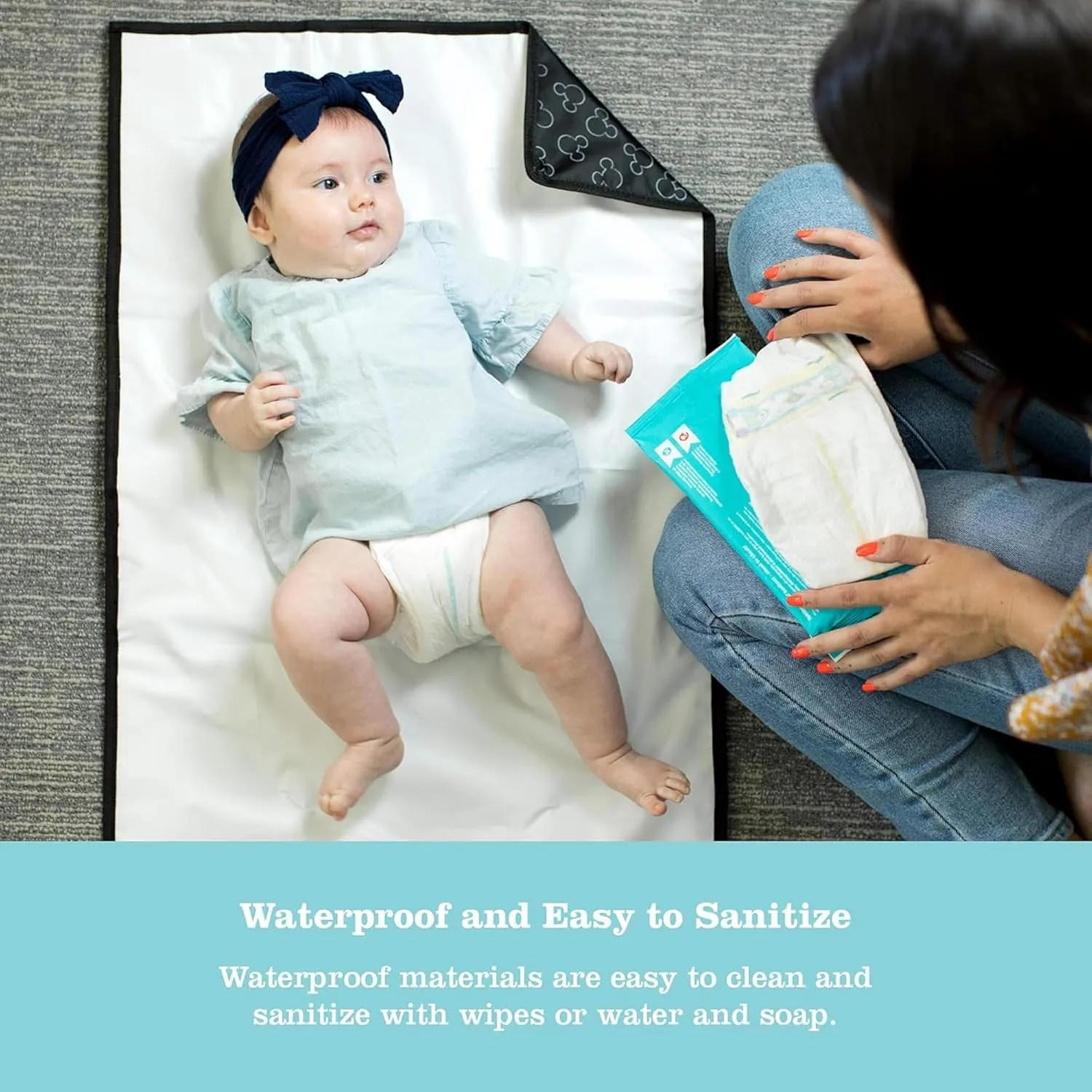 Disney Baby by J.L. Childress Full Body Portable Changing Pad - Disney Travel Essential - Padded, Waterproof, Foldable Diaper Changing Pad - Extra-Large 19" x 30" - Mickey Mouse Black
