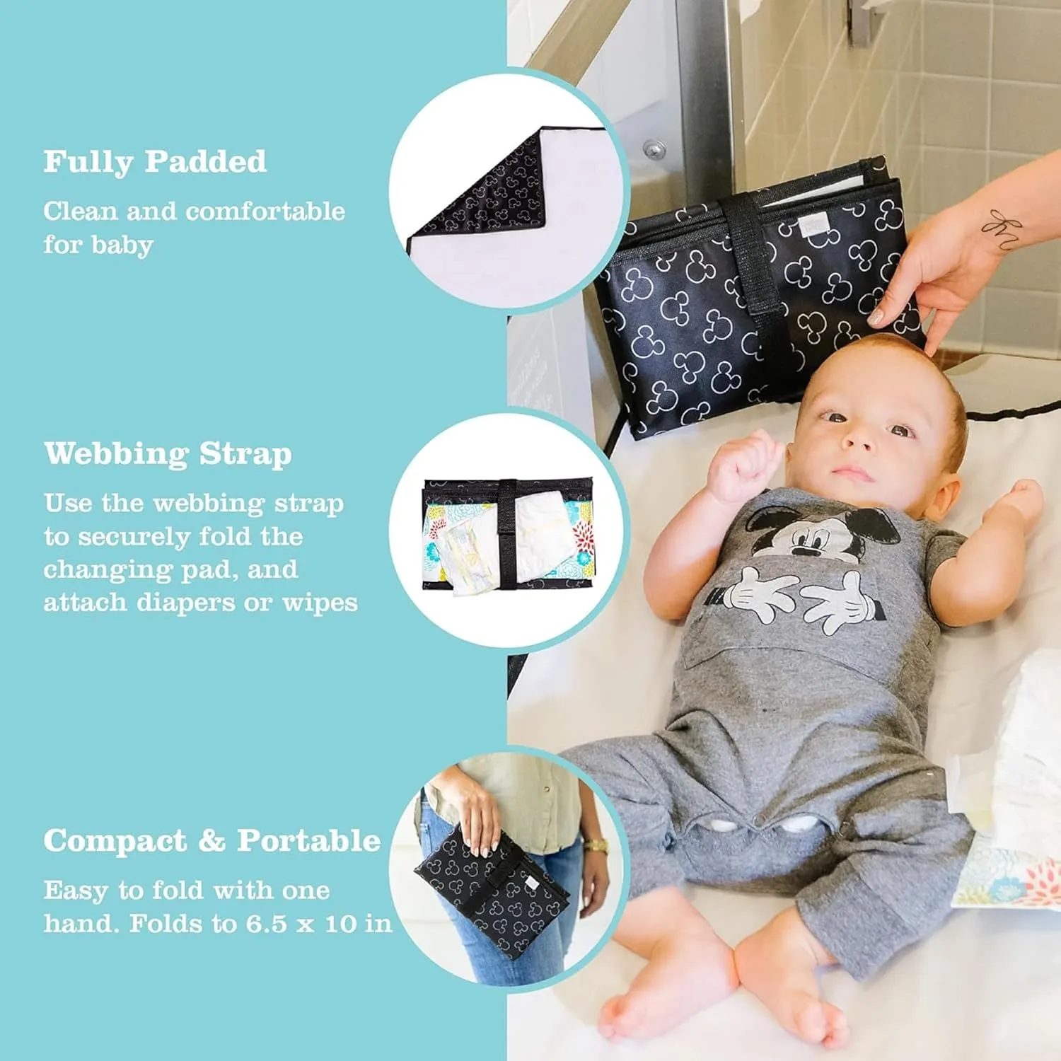 Disney Baby by J.L. Childress Full Body Portable Changing Pad - Disney Travel Essential - Padded, Waterproof, Foldable Diaper Changing Pad - Extra-Large 19" x 30" - Mickey Mouse Black