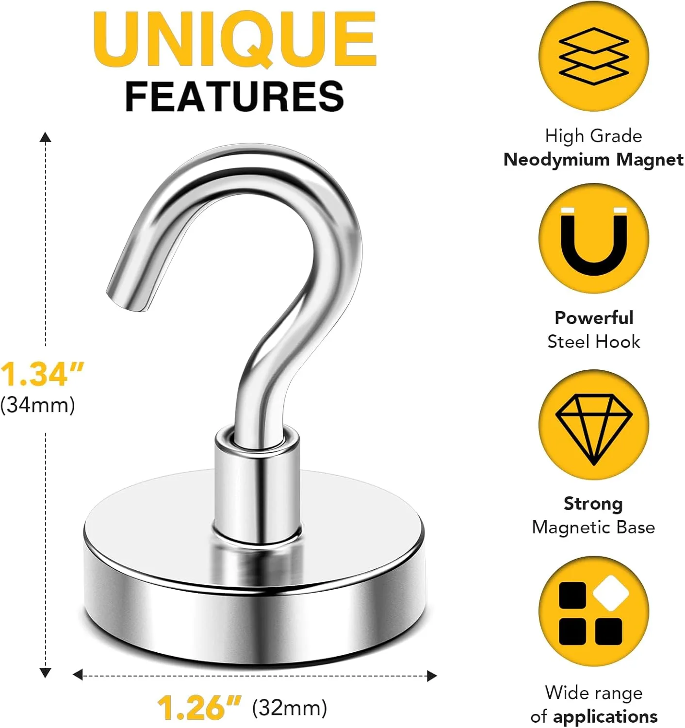 DIYMAG Magnetic Hooks,110 lb Heavy Duty Strong Magnet with Hook for Hanging, Strong Rare Earth Neodymium Magnet Hooks for Fridge, Kitchen,Cruise, Grill, Garage and Storage, 12 Packs