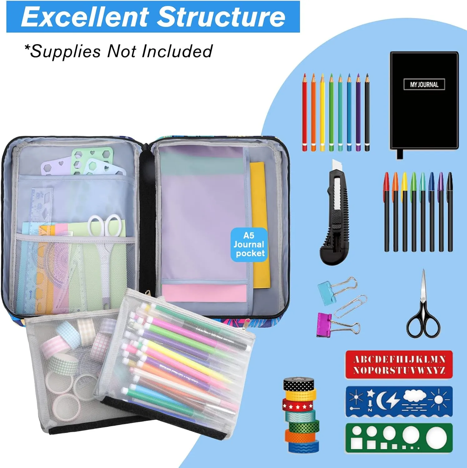 Dofilachy Journal Supplies Storage Case,Journal Case with 2 Detachable Layers- Travel Organizer for A5 Planner Pens Planner Stickers and Accessories (Green leaves, Medium)