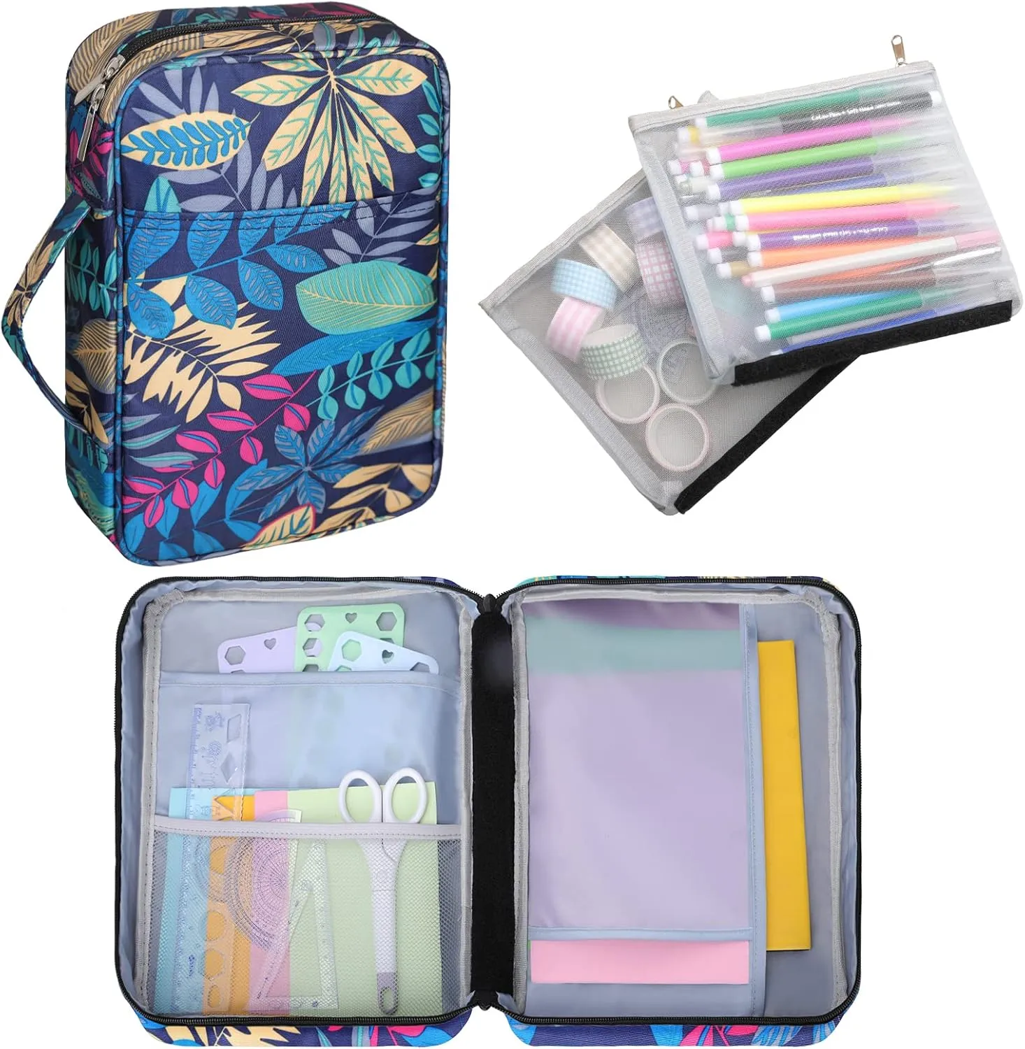 Dofilachy Journal Supplies Storage Case,Journal Case with 2 Detachable Layers- Travel Organizer for A5 Planner Pens Planner Stickers and Accessories (Green leaves, Medium)