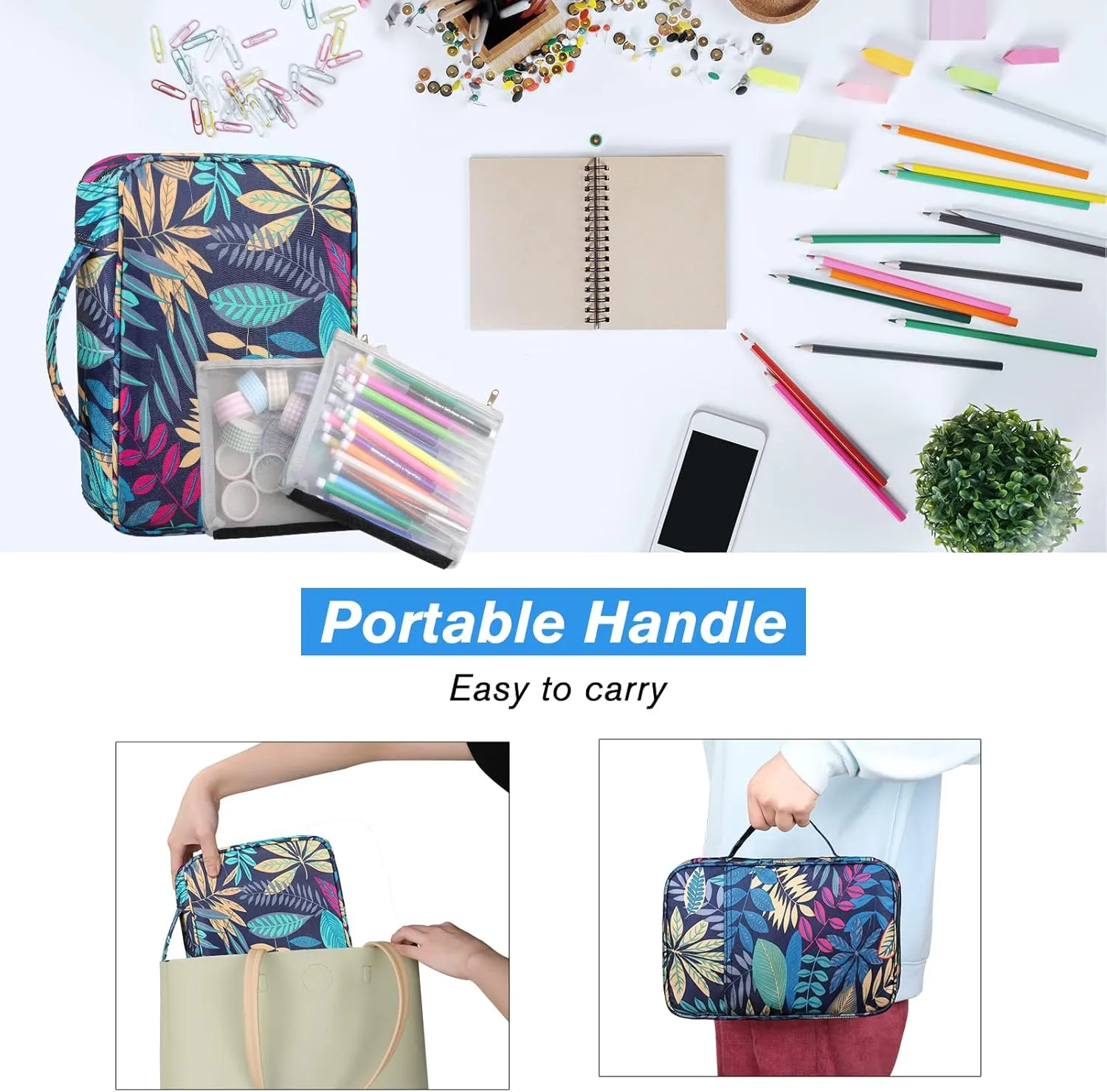 Dofilachy Journal Supplies Storage Case,Journal Case with 2 Detachable Layers- Travel Organizer for A5 Planner Pens Planner Stickers and Accessories (Green leaves, Medium)