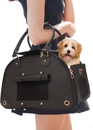 Dog Carrier, Cat Carrier, Pet Carrier, Foldable Premium PU Leather Dog Purse, Portable Tote Bag Carrier for Small to Medium Cats and Small Dogs（Black-Medium）