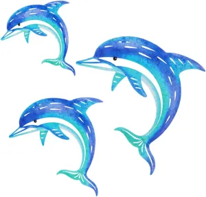 Dolphin Wall Decor Metal Fish Wall Decor Sea Coastal Outdoor Wall Art Metal Beach Ocean Decor For Bathroom Indoor Garden Yard Pool Outdoor Patio Kitchen (3 Pcs)