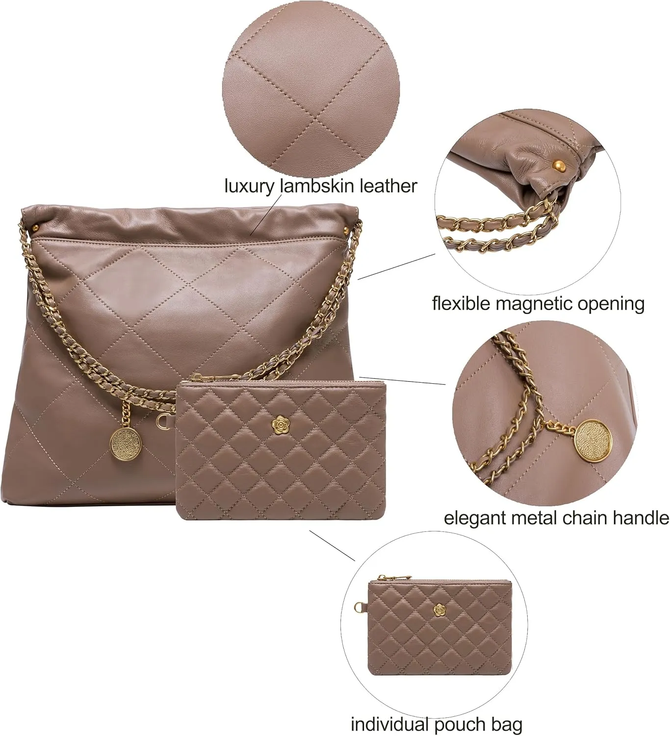 DORIS&JACKY Quilted Tote Bag Set For Women Soft Lambskin Shoulder Purse And Large Leather Work Handbag With 1 Small Clutch