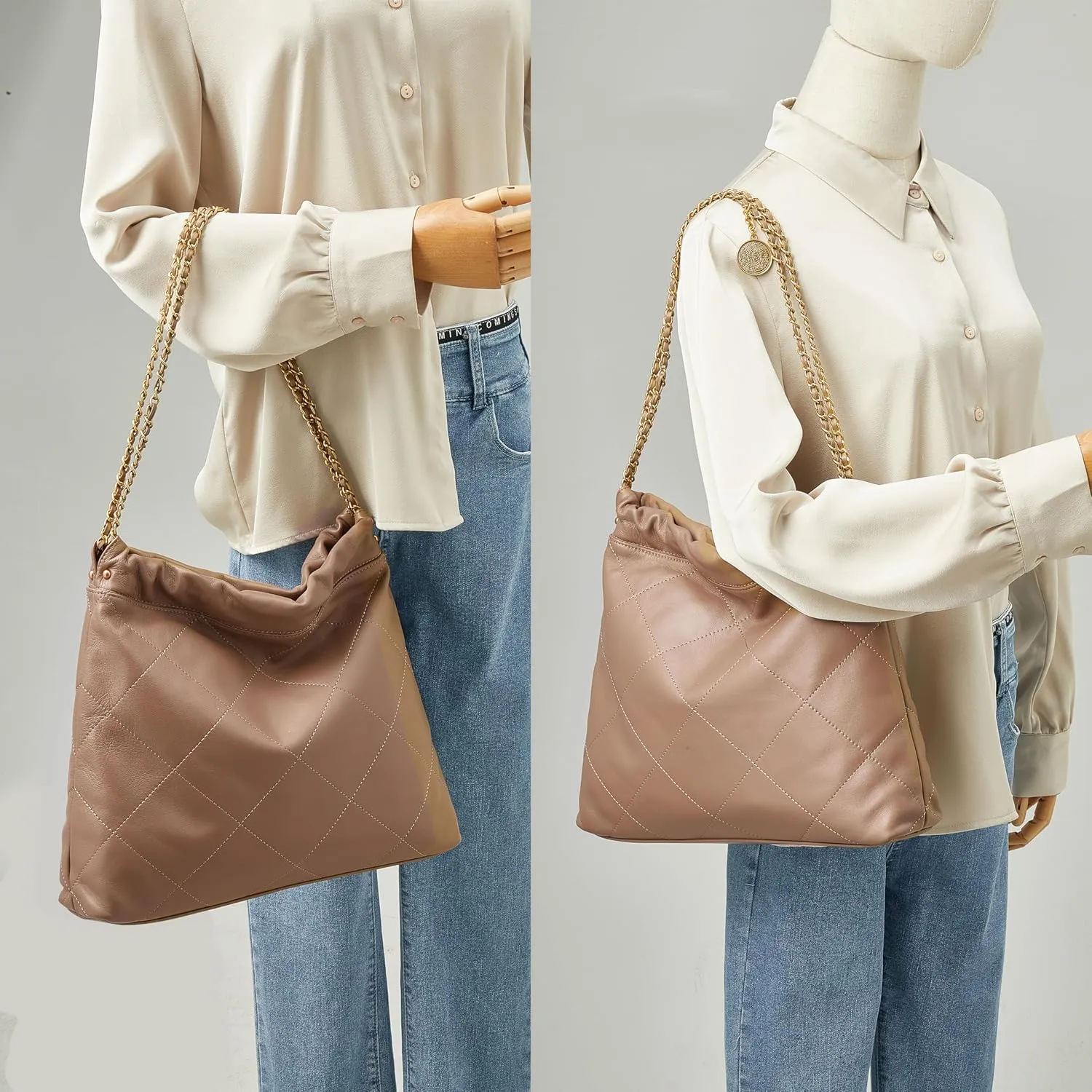 DORIS&JACKY Quilted Tote Bag Set For Women Soft Lambskin Shoulder Purse And Large Leather Work Handbag With 1 Small Clutch