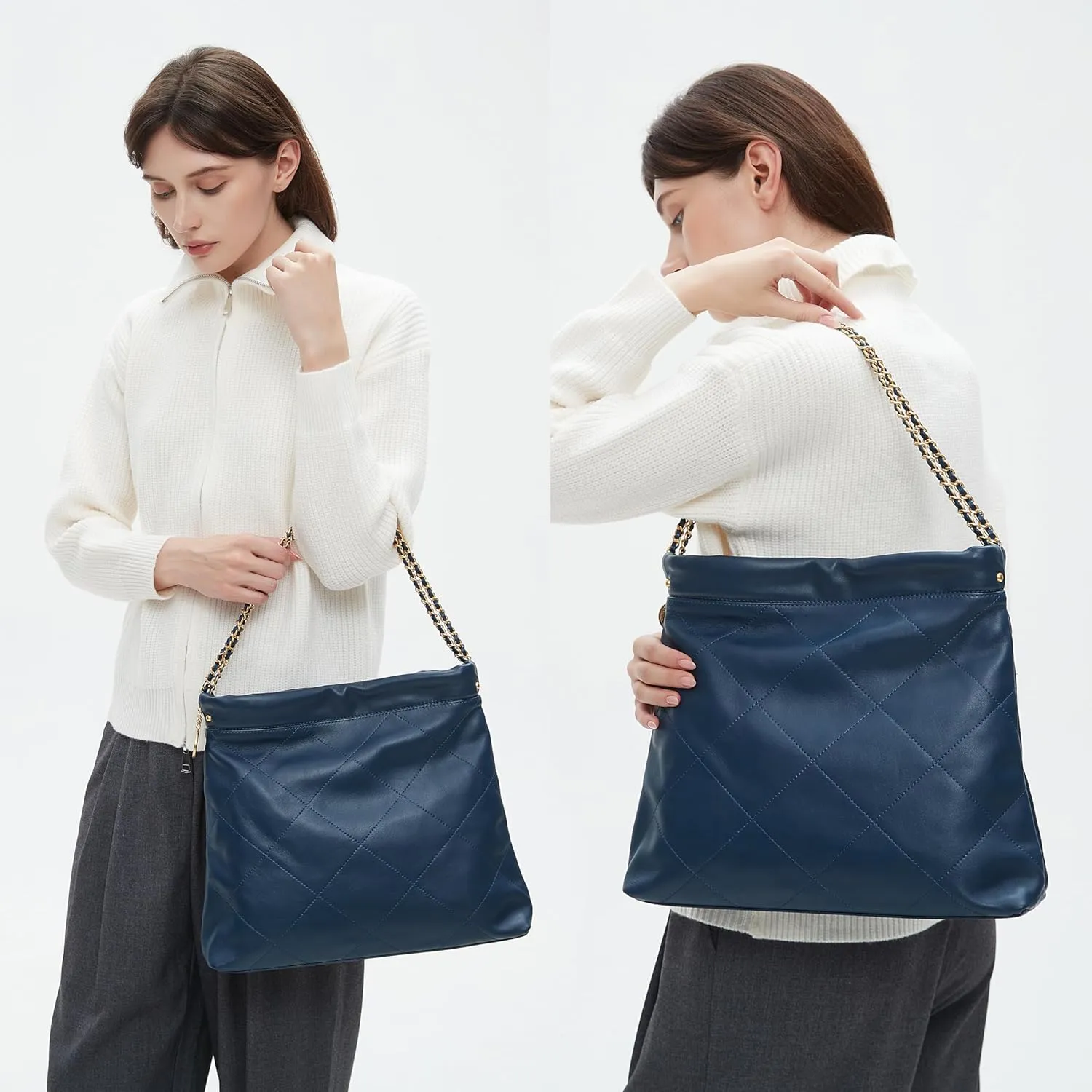 DORIS&JACKY Quilted Tote Bag Set For Women Soft Lambskin Shoulder Purse And Large Leather Work Handbag With 1 Small Clutch