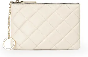 DORIS&JACKY Soft Lambskin Leather Coin Purse Small Quilted RFID Blocking Top Zipper Wallet With Key Chain (Style-1, Cream)