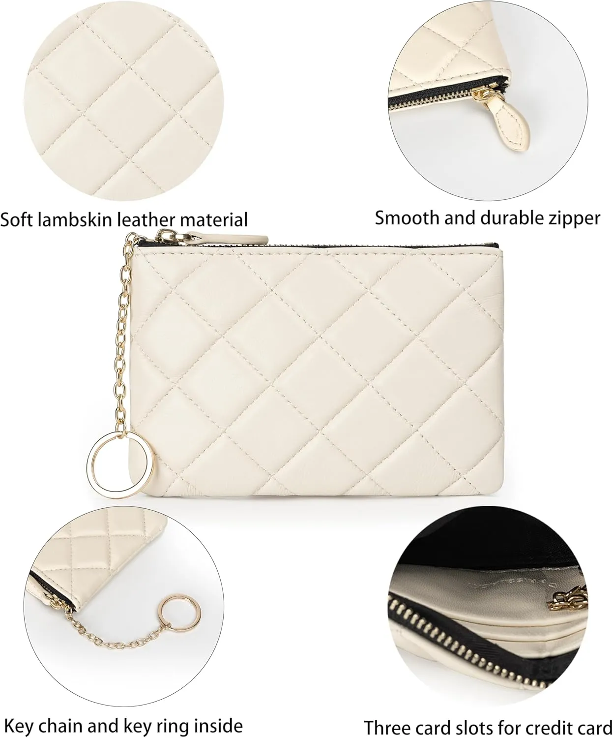 DORIS&JACKY Soft Lambskin Leather Coin Purse Small Quilted RFID Blocking Top Zipper Wallet With Key Chain (Style-1, Cream)