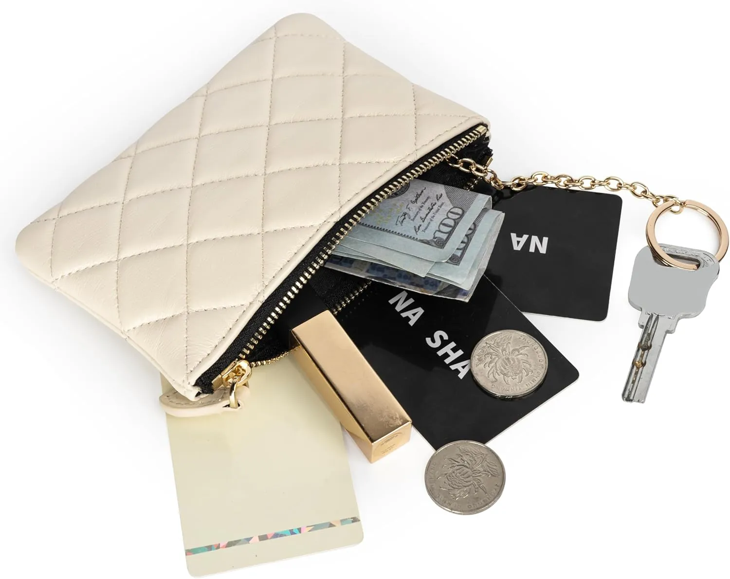 DORIS&JACKY Soft Lambskin Leather Coin Purse Small Quilted RFID Blocking Top Zipper Wallet With Key Chain (Style-1, Cream)