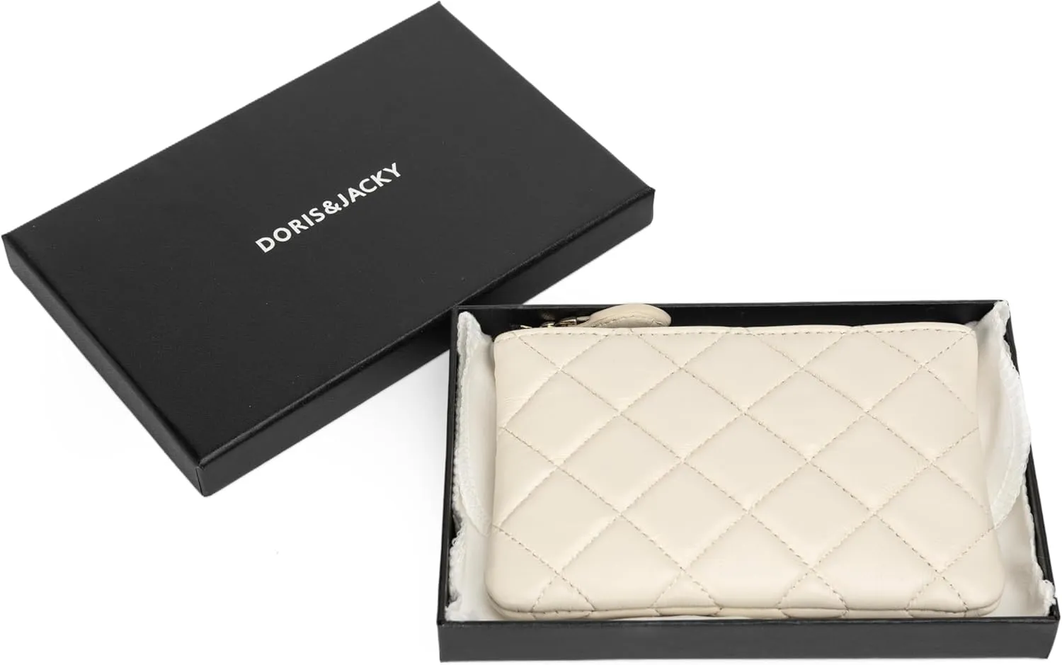 DORIS&JACKY Soft Lambskin Leather Coin Purse Small Quilted RFID Blocking Top Zipper Wallet With Key Chain (Style-1, Cream)