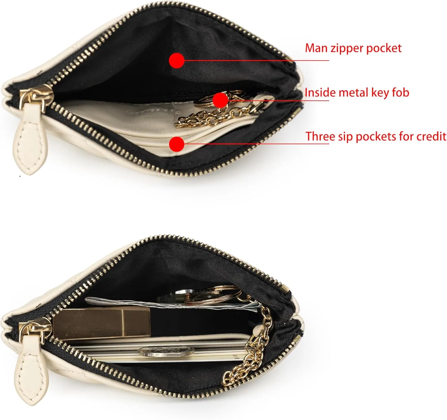 DORIS&JACKY Soft Lambskin Leather Coin Purse Small Quilted RFID Blocking Top Zipper Wallet With Key Chain (Style-1, Cream)