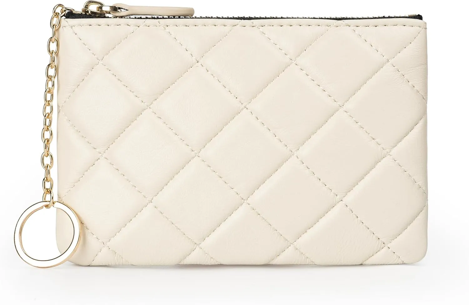 DORIS&JACKY Soft Lambskin Leather Coin Purse Small Quilted RFID Blocking Top Zipper Wallet With Key Chain (Style-1, Cream)