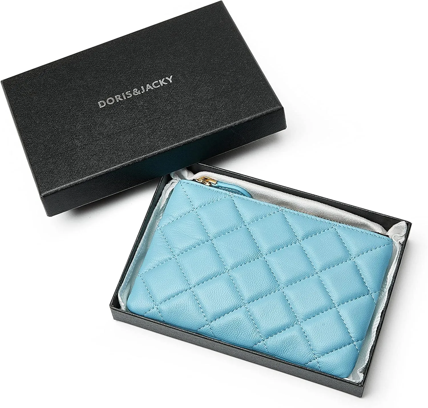 DORIS&JACKY Soft Lambskin Leather Coin Purse Small Quilted RFID Blocking Top Zipper Wallet With Key Chain