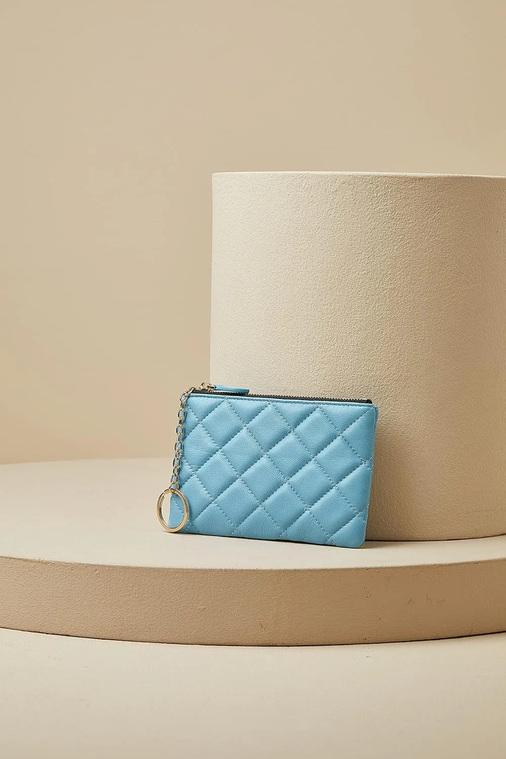 DORIS&JACKY Soft Lambskin Leather Coin Purse Small Quilted RFID Blocking Top Zipper Wallet With Key Chain