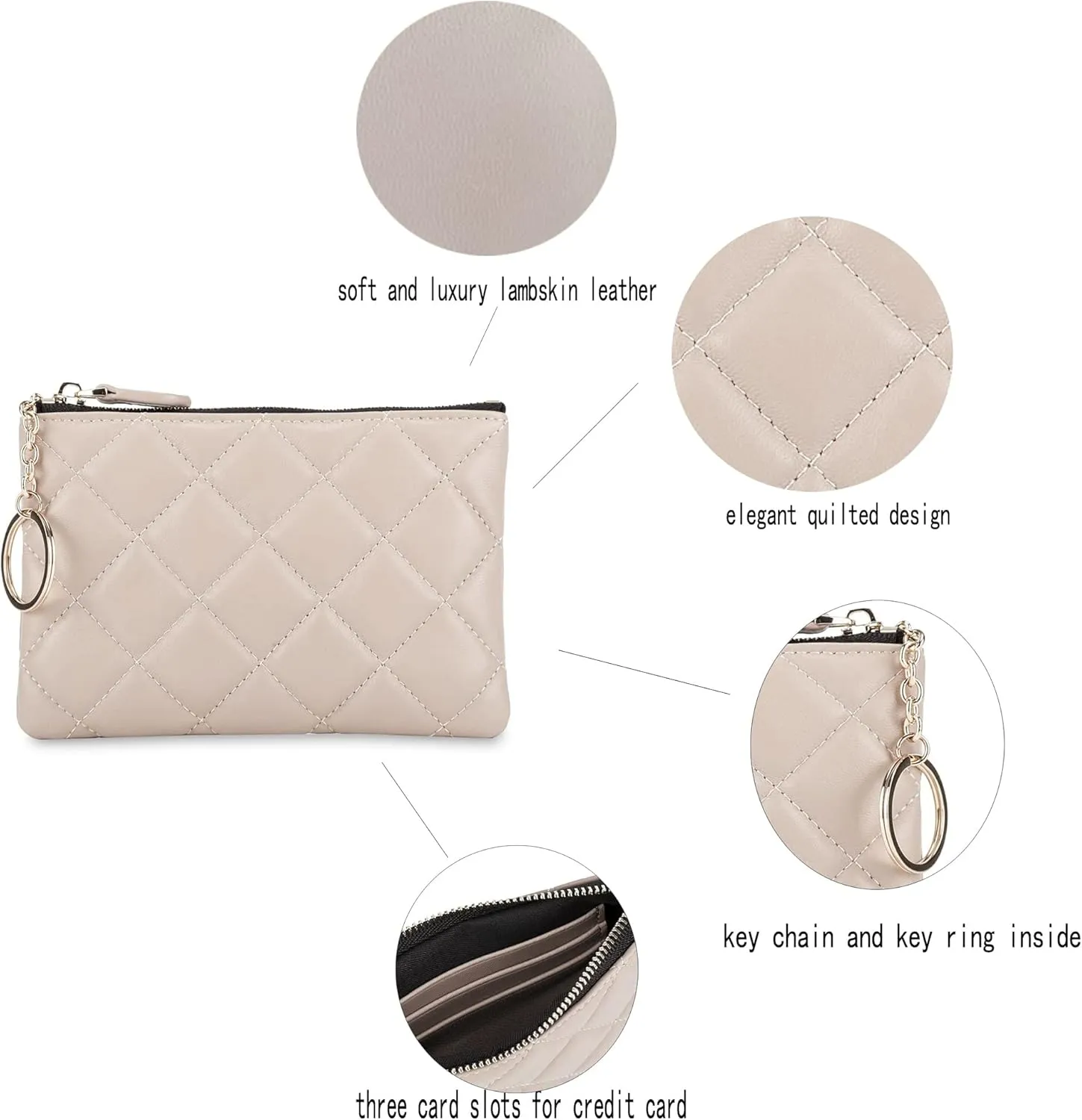 DORIS&JACKY Soft Lambskin Leather Coin Purse Small Quilted RFID Blocking Top Zipper Wallet With Key Chain