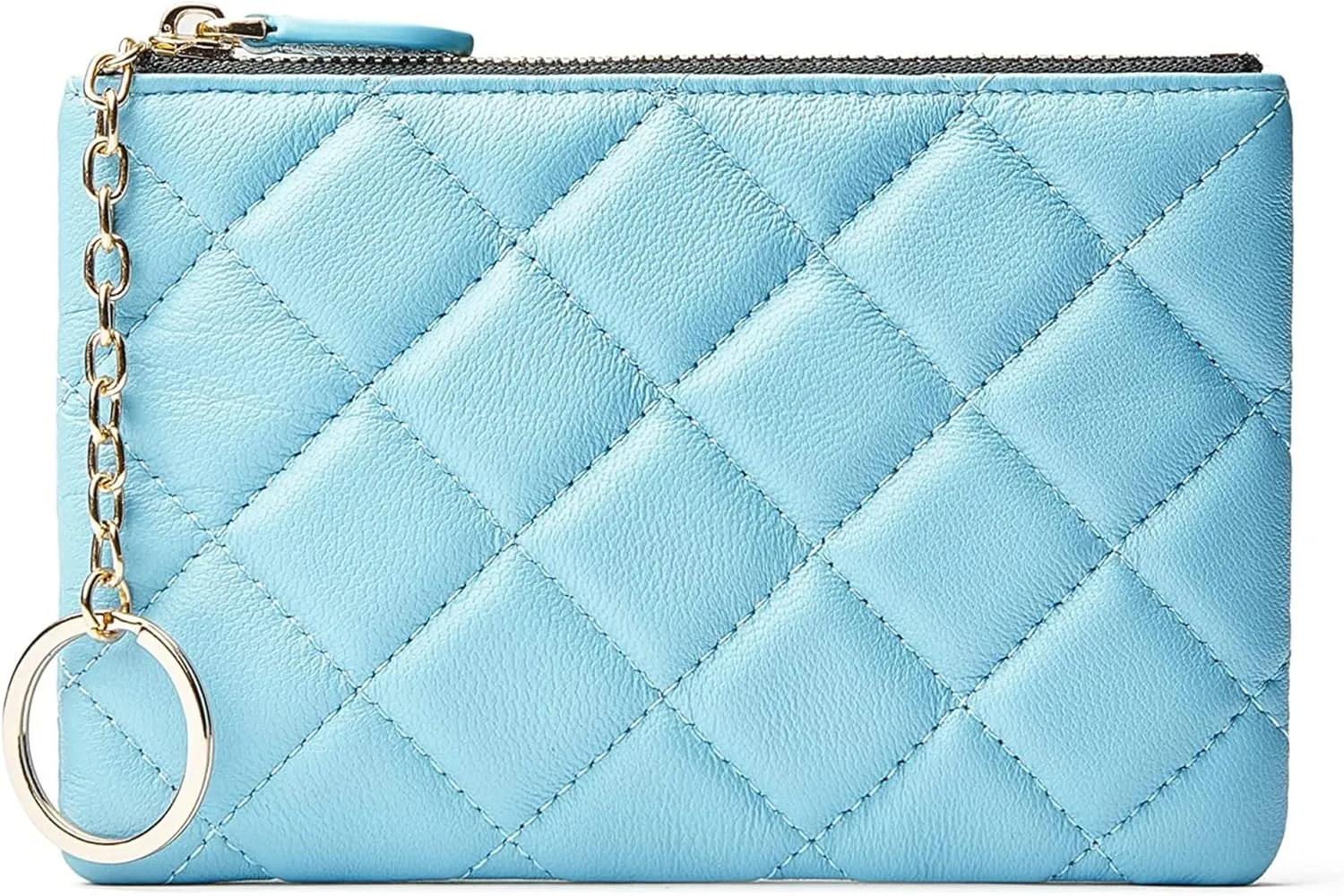 DORIS&JACKY Soft Lambskin Leather Coin Purse Small Quilted RFID Blocking Top Zipper Wallet With Key Chain