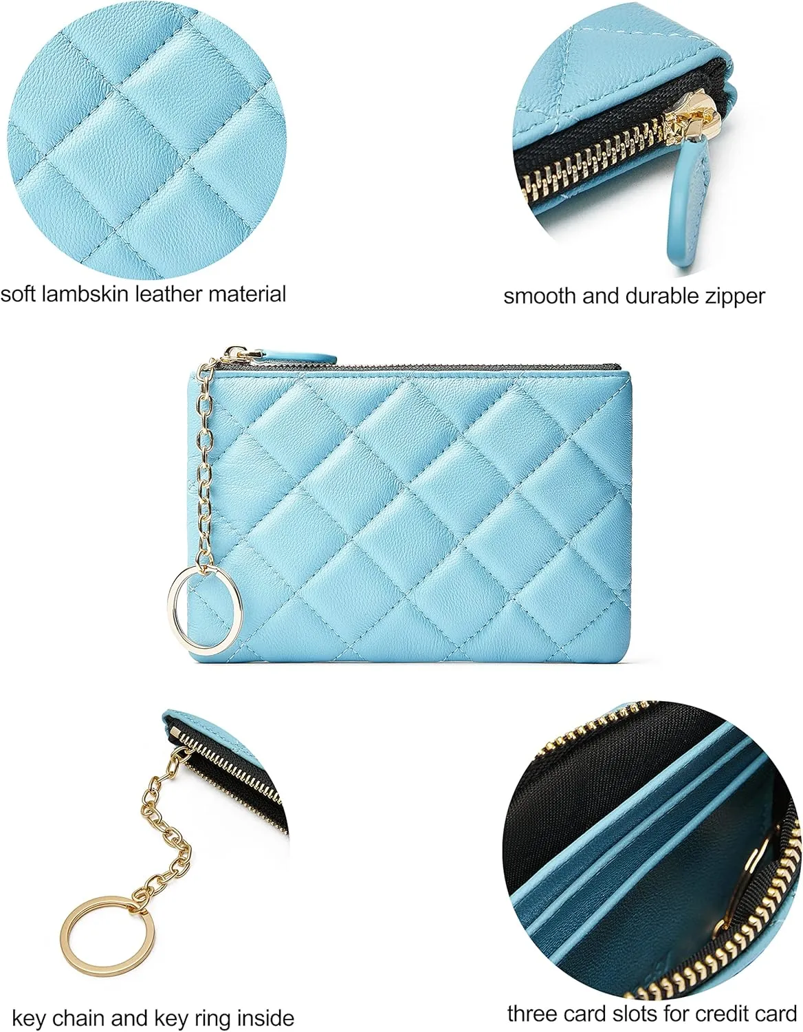 DORIS&JACKY Soft Lambskin Leather Coin Purse Small Quilted RFID Blocking Top Zipper Wallet With Key Chain