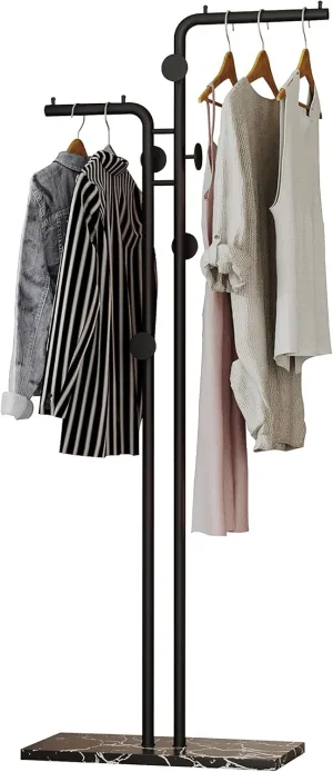 Double-pole Coat Rack Freestanding, Modern Metal Coat Racks Hanger Stand with 5 Hooks and Natural Marble Base, for Bedroom, Office, Hallway, Entryway, Living Room, Black