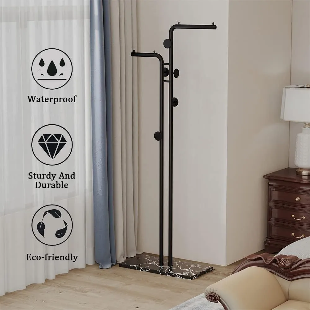 Double-pole Coat Rack Freestanding, Modern Metal Coat Racks Hanger Stand with 5 Hooks and Natural Marble Base, for Bedroom, Office, Hallway, Entryway, Living Room, Black