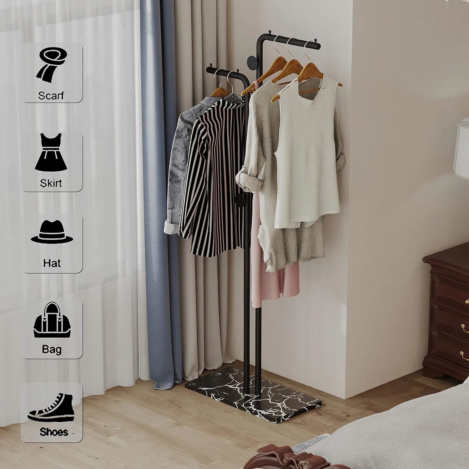 Double-pole Coat Rack Freestanding, Modern Metal Coat Racks Hanger Stand with 5 Hooks and Natural Marble Base, for Bedroom, Office, Hallway, Entryway, Living Room, Black