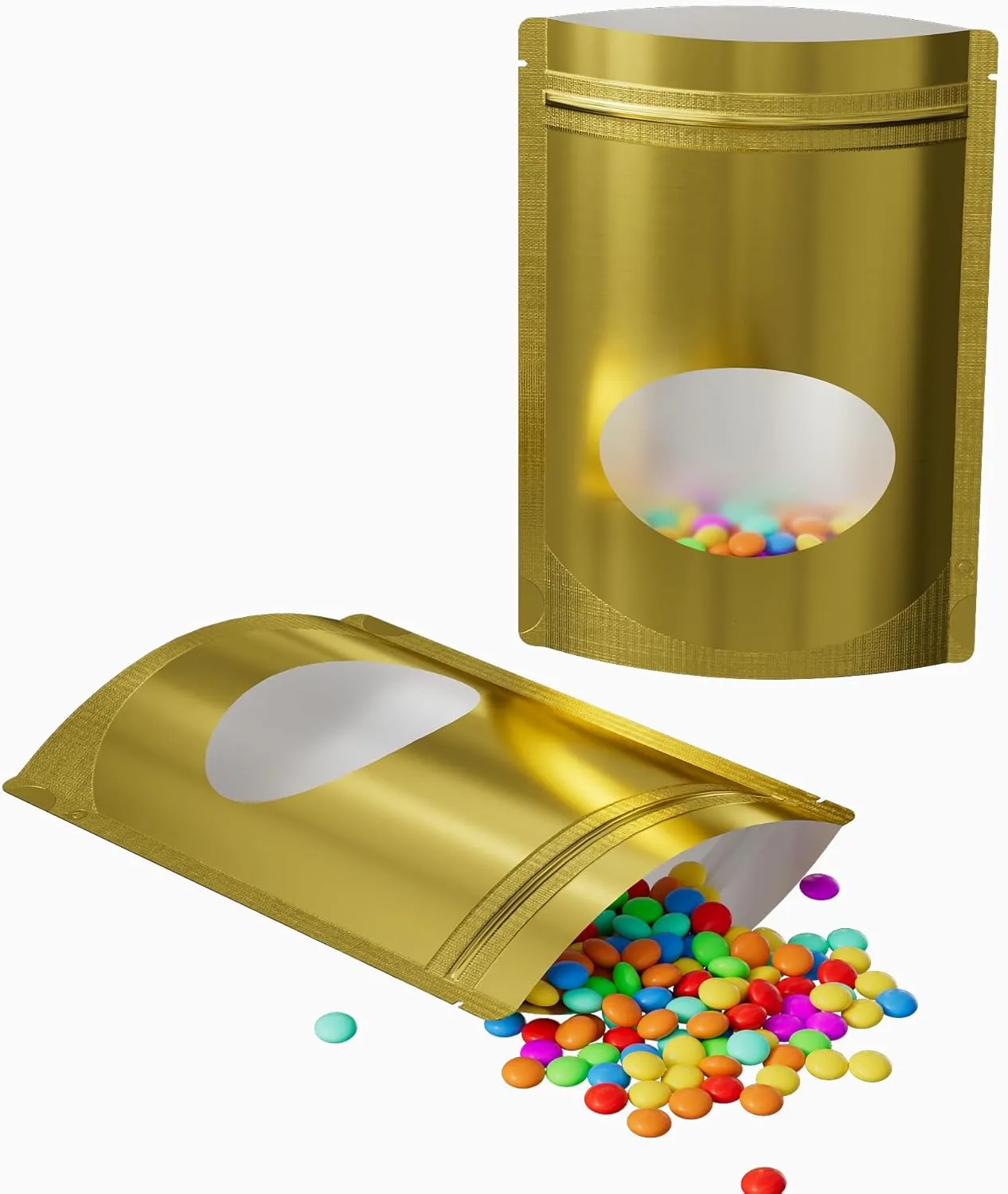 Double-Sided Matte/Glossy Color with Clear Round Window Stand-Up Pouch (100 Bags/Pack) (5.5" x 7.9", Glossy Gold)