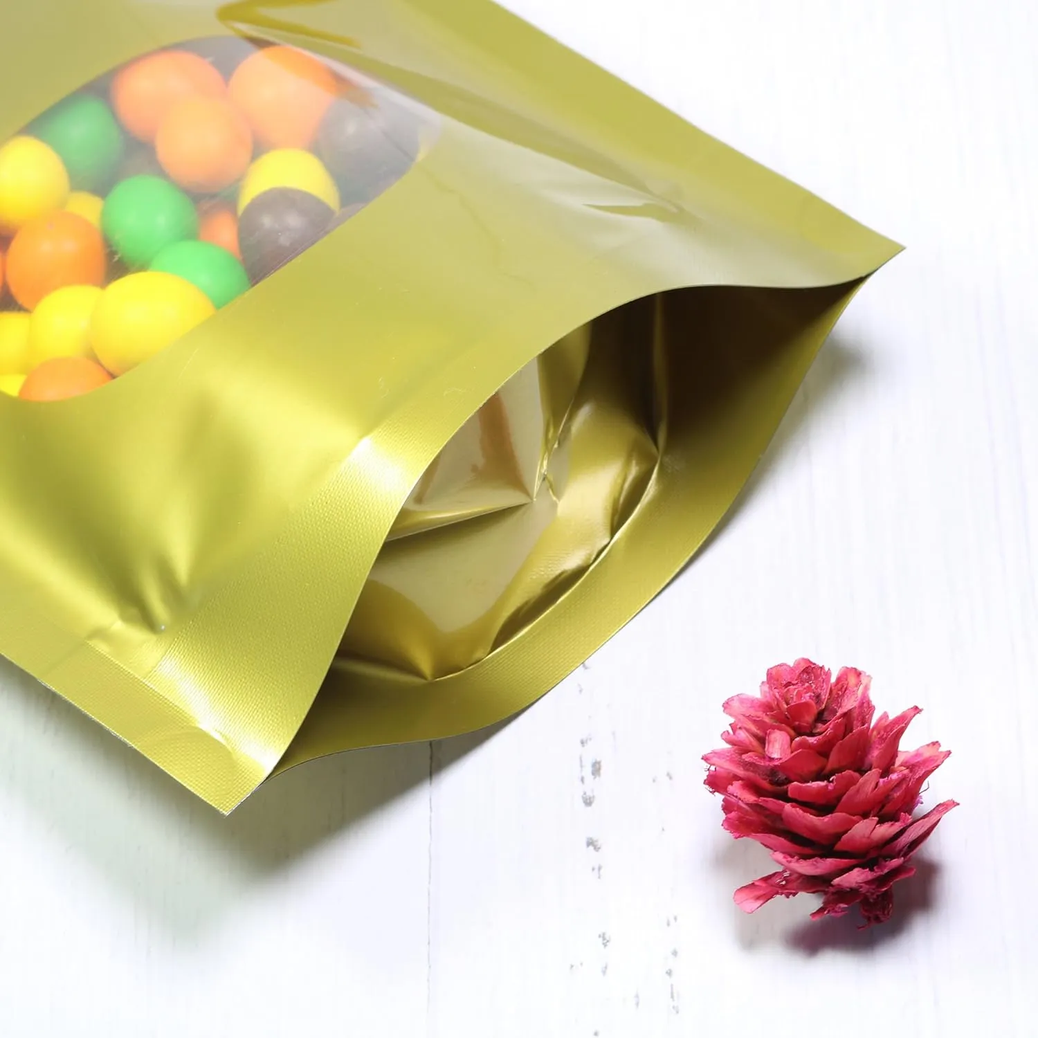 Double-Sided Matte/Glossy Color with Clear Round Window Stand-Up Pouch (100 Bags/Pack) (5.5" x 7.9", Glossy Gold)