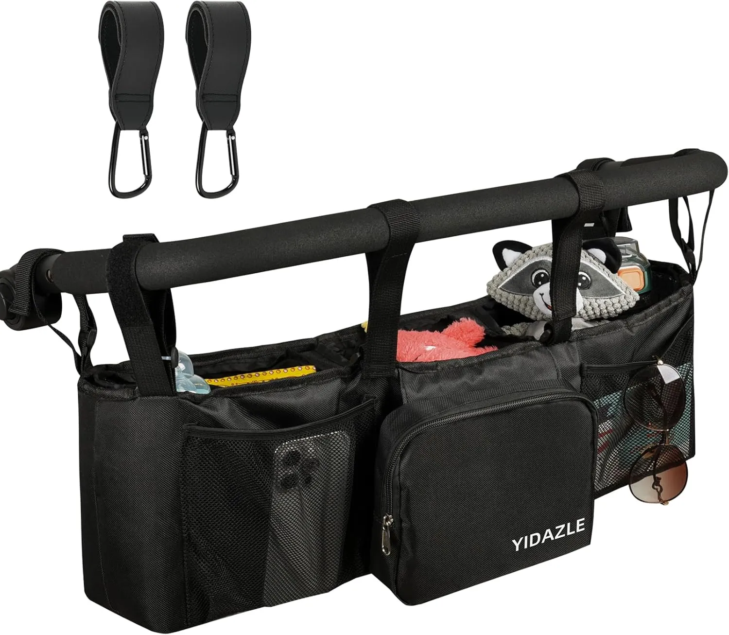 Double Stroller Organizer, Double Stroller Caddy with 2 Stroller Hooks for Bob Duallie/ Baby Jogger City Mini GT2 with Insulated Bags, Parent Console Jogging Double Stroller Accessories