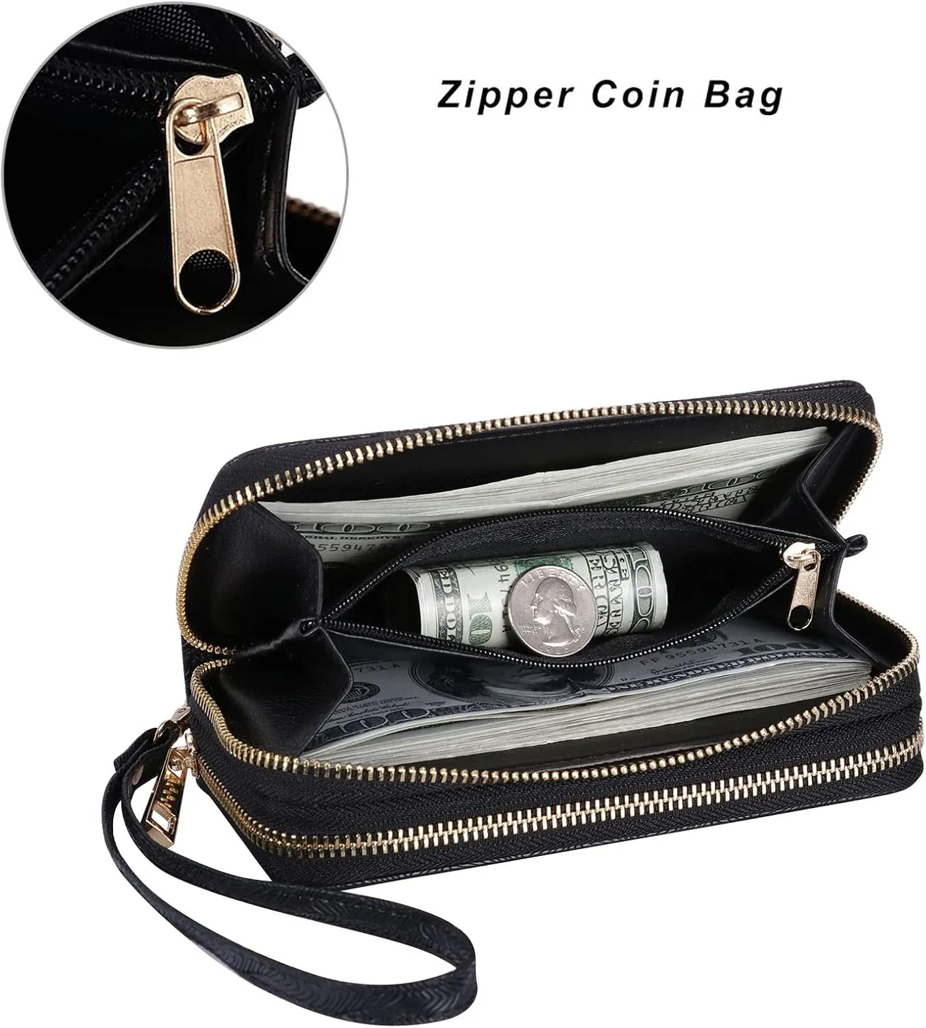 Double Zipper Wallet for Woman Clutch Purse with Cell Phone Holder for Smartphone/Card/Coin/Cash